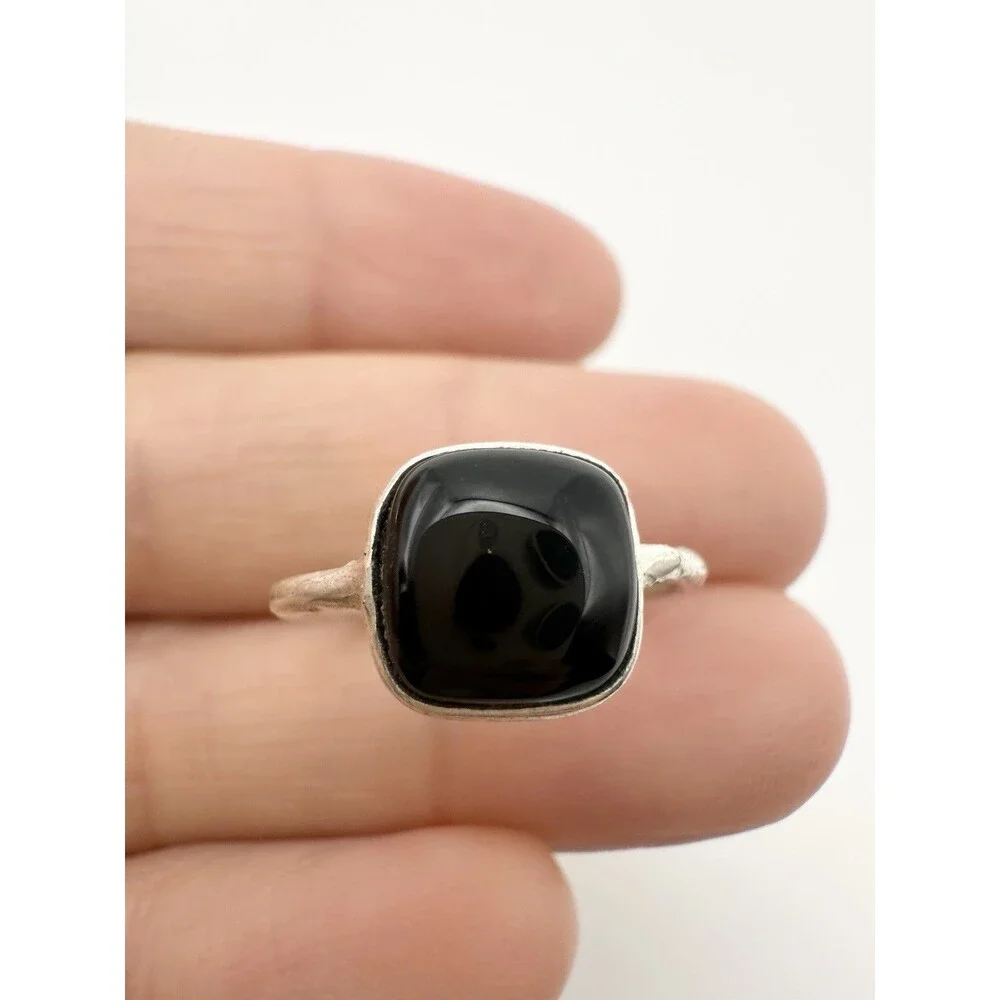 Natural Black Onyx Cushion Shape 925 Sterling Silver Ring Size 3